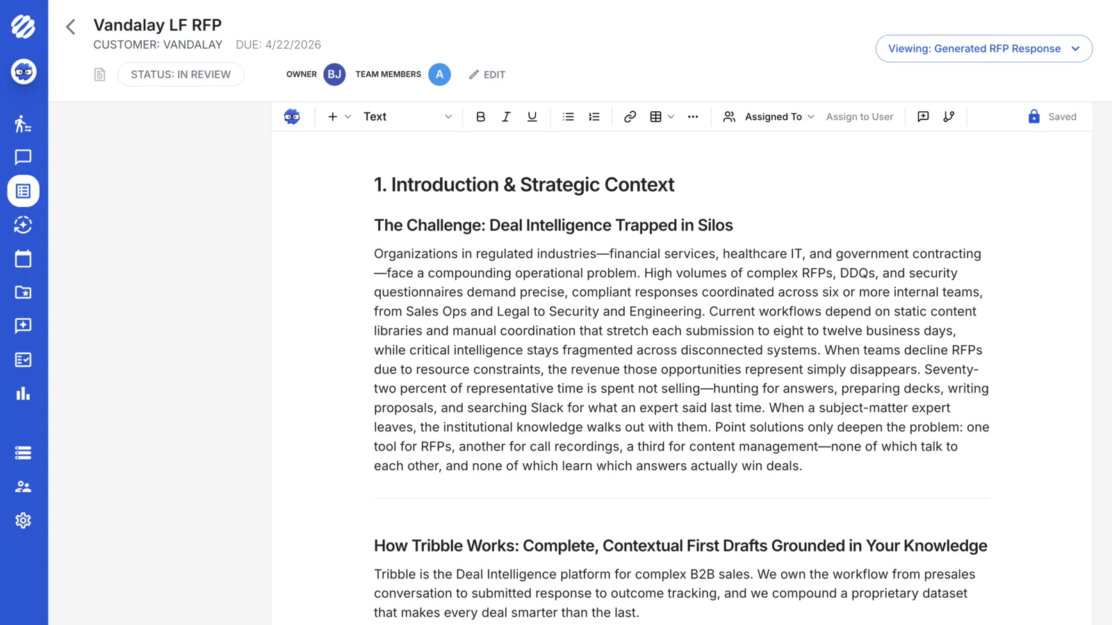 A drafted narrative section in the Tribble editor